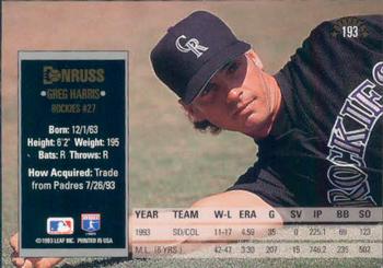 1994 Donruss #193 Greg Harris Back