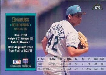1994 Donruss #635 Rich Rodriguez Back