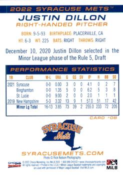 2022 Choice Syracuse Mets #08 Justin Dillon Back