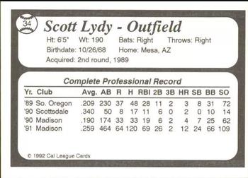 1992 Cal League Reno Silver Sox #34 Scott Lydy Back