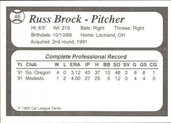 1992 Cal League Reno Silver Sox #46 Russ Brock Back