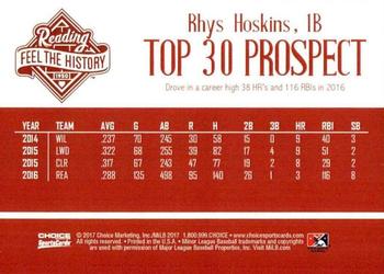 2017 Choice Reading Phillies Top 30 Prospects #NNO Rhys Hoskins Back