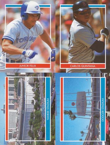 1990 Publications International Hottest 50 Rookies Stickers - Panels #NNO Junior Felix / Carlos Quintana / Yankee Stadium / Dodger Stadium Front