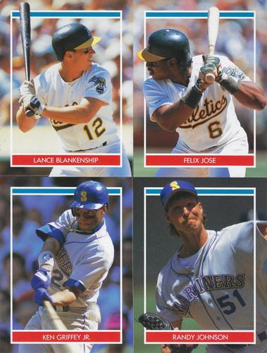 1990 Publications International Hottest 50 Rookies Stickers - Panels #NNO Lance Blankenship / Felix Jose / Ken Griffey Jr. / Randy Johnson Front
