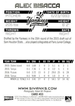 2017 Choice Staten Island Yankees #03 Alex Bisacca Back