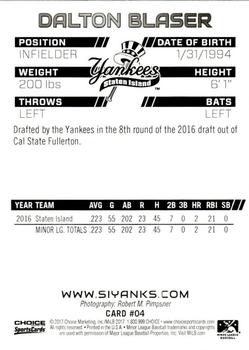 2017 Choice Staten Island Yankees #04 Dalton Blaser Back
