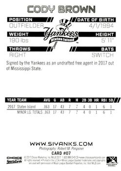 2017 Choice Staten Island Yankees #07 Cody Brown Back