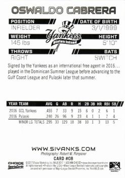 2017 Choice Staten Island Yankees #08 Oswaldo Cabrera Back