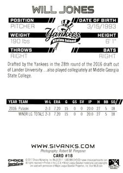 2017 Choice Staten Island Yankees #18 Will Jones Back