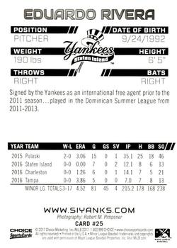 2017 Choice Staten Island Yankees #25 Eduardo Rivera Back