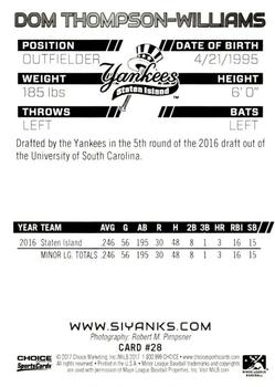 2017 Choice Staten Island Yankees #28 Dom Thompson-Williams Back