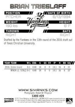 2017 Choice Staten Island Yankees #29 Brian Trieglaff Back