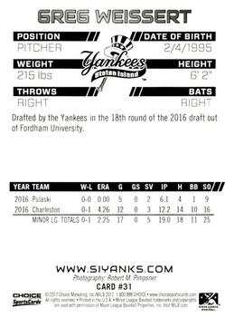 2017 Choice Staten Island Yankees #31 Greg Weissert Back