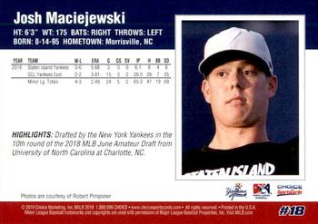 2019 Choice Staten Island Yankees #18 Josh Maciejewski Back