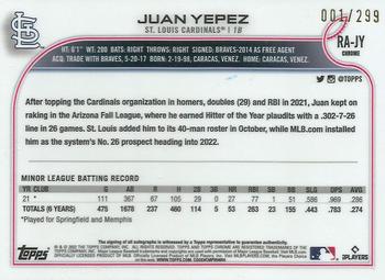 2022 Topps Chrome - Rookie Autographs Purple Speckle Refractor #RA-JY Juan Yepez Back