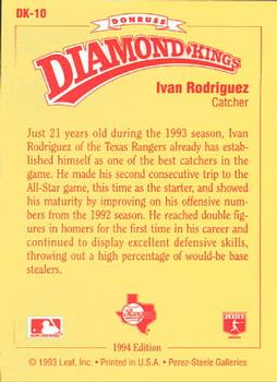 1994 Donruss - Diamond Kings #DK-10 Ivan Rodriguez Back