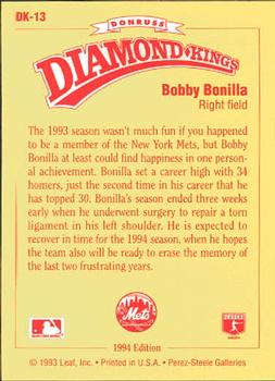 1994 Donruss - Diamond Kings #DK-13 Bobby Bonilla Back