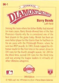 1994 Donruss - Diamond Kings #DK-1 Barry Bonds Back