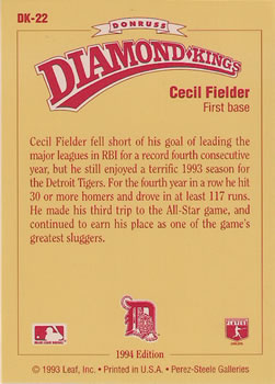 1994 Donruss - Diamond Kings #DK-22 Cecil Fielder Back