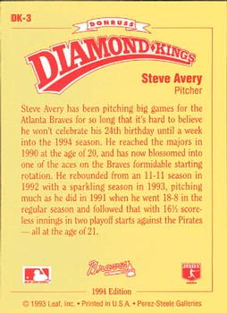 1994 Donruss - Diamond Kings #DK-3 Steve Avery Back