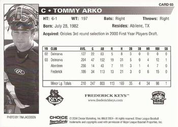 2004 Choice Frederick Keys #03 Tommy Arko Back