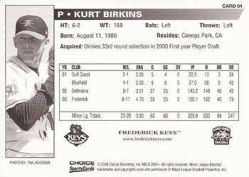 2004 Choice Frederick Keys #04 Kurt Birkins Back