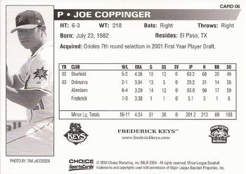 2004 Choice Frederick Keys #06 Joe Coppinger Back