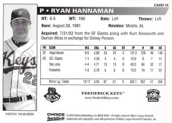 2004 Choice Frederick Keys #10 Ryan Hannaman Back