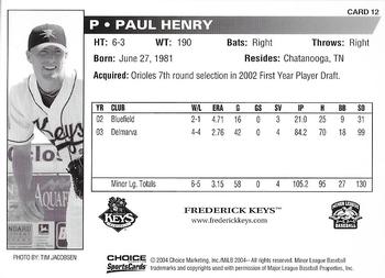 2004 Choice Frederick Keys #12 Paul Henry Back