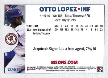 2022 Choice Buffalo Bisons #7 Otto Lopez Back