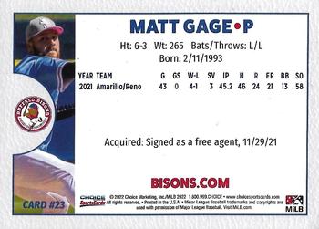2022 Choice Buffalo Bisons #23 Matt Gage Back