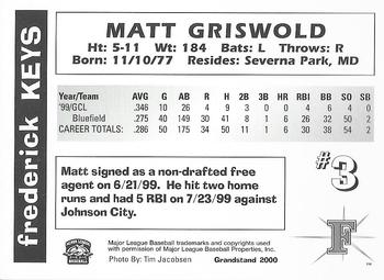2000 Grandstand Pepsi Frederick Keys SGA #NNO Matt Griswold Back