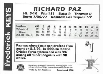 2000 Grandstand Pepsi Frederick Keys SGA #NNO Richard Paz Back
