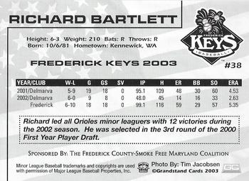 2003 Grandstand Frederick Keys SGA #NNO Richard Bartlett Back