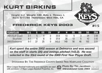 2003 Grandstand Frederick Keys SGA #NNO Kurt Birkins Back