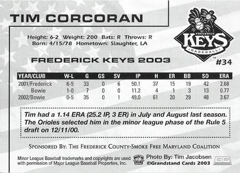 2003 Grandstand Frederick Keys SGA #NNO Tim Corcoran Back
