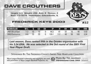 2003 Grandstand Frederick Keys SGA #NNO Dave Crouthers Back