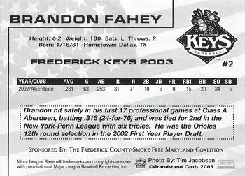 2003 Grandstand Frederick Keys SGA #NNO Brandon Fahey Back