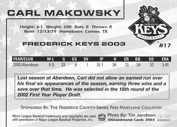 2003 Grandstand Frederick Keys SGA #NNO Carl Makowsky Back