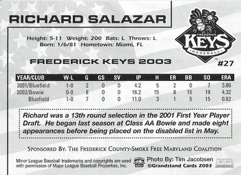 2003 Grandstand Frederick Keys SGA #NNO Richard Salazar Back