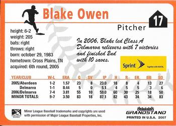 2007 Grandstand Delmarva Shorebirds SGA #NNO Blake Owen Back