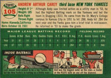 1954 Topps #105 Andy Carey Back