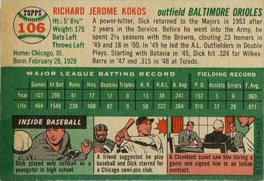 1954 Topps #106 Dick Kokos Back