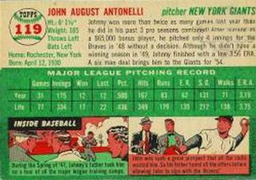 1954 Topps #119 Johnny Antonelli Back