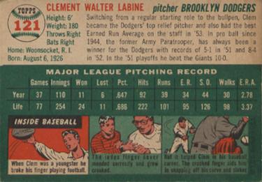 1954 Topps #121 Clem Labine Back