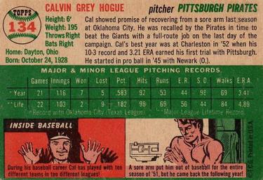 1954 Topps #134 Cal Hogue Back