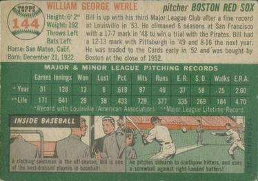 1954 Topps #144 Bill Werle Back