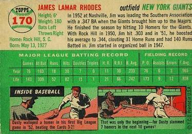 1954 Topps #170 Jim Rhodes Back