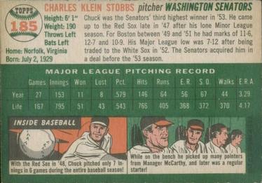 1954 Topps #185 Chuck Stobbs Back