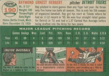 1954 Topps #190 Ray Herbert Back